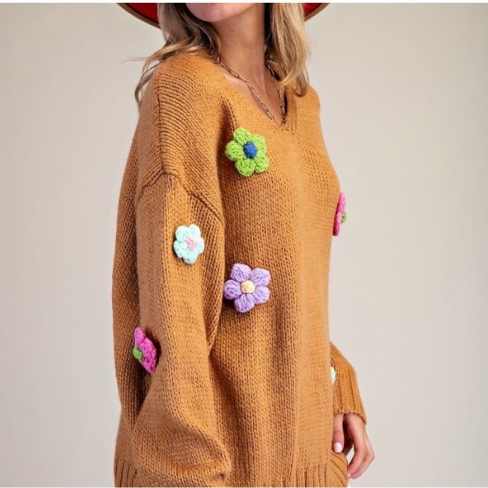 #902 Chic Floral Knit Sweater in Tan - Picture 2 of 6